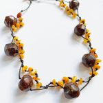 Kolia+kolczyki handmade drewno+bursztyn